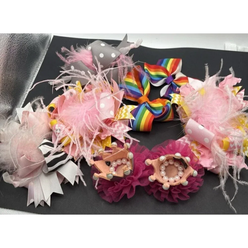 8 Medium Fancy Birthday ostrich Feather Girls Hairbows Clip In